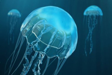 denizanası 3D resimde arka plan. Denizanası okyanus denizde yüzüyor, ışık birimi-ışınları etkisi oluşturma su geçer. Tehlikeli mavi denizanası