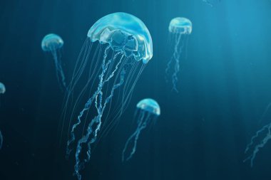 denizanası 3D resimde arka plan. Denizanası okyanus denizde yüzüyor, ışık birimi-ışınları etkisi oluşturma su geçer. Tehlikeli mavi denizanası
