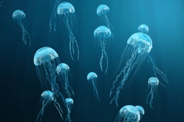denizanası 3D resimde arka plan. Denizanası okyanus denizde yüzüyor, ışık birimi-ışınları etkisi oluşturma su geçer. Tehlikeli mavi denizanası