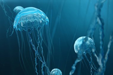 denizanası 3D resimde arka plan. Denizanası okyanus denizde yüzüyor, ışık birimi-ışınları etkisi oluşturma su geçer. Tehlikeli mavi denizanası