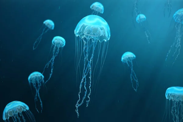 3D-s illusztráció háttér a medúza. Medúza úszik az óceán tenger, a fény áthalad a víz, kötet-sugarak hatása létrehozása. Veszélyes Kék medúza — Stock Fotó