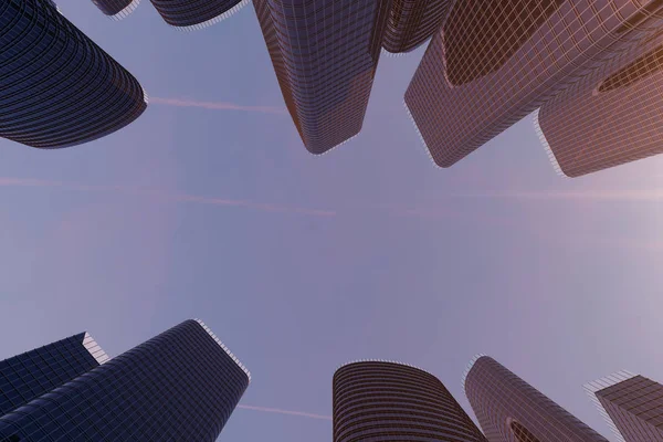 3D illustration låg vinkel vy av skyskrapor. Skyskrapor på sunset tittar upp perspektiv. Undersidan av skyskrapor i affärsdistriktet i kvällsljus eller solnedgång. Affärsidé till framgång — Stockfoto