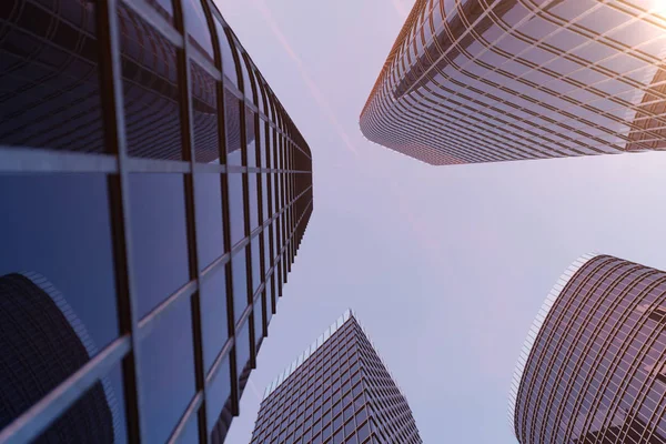 3D illustration Low angle view of skyscrapers. Skyscrapers at sunset looking up perspective. Bottom view of skyscrapers in business district in evening light or sunset. Business concept of success — Stock Photo, Image