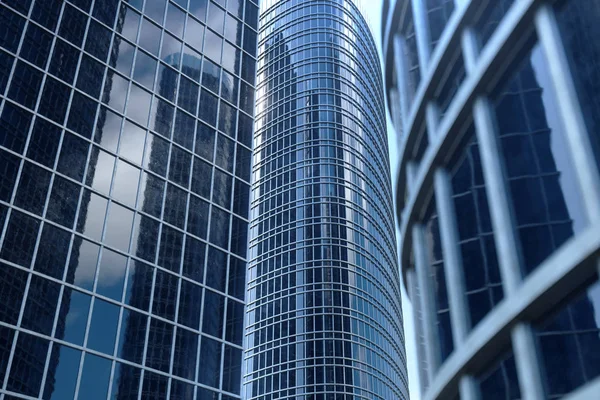 3D Illustration blue skyscrapers from a low angle view. Architecture glass high buildings. Blue skyscrapers in a finance district — Stock Photo, Image