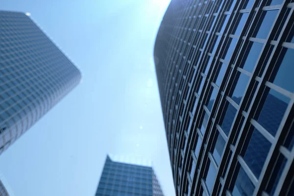 3D Illustration blue skyscrapers from a low angle view. Architecture glass high buildings. Blue skyscrapers in a finance district — Stock Photo, Image