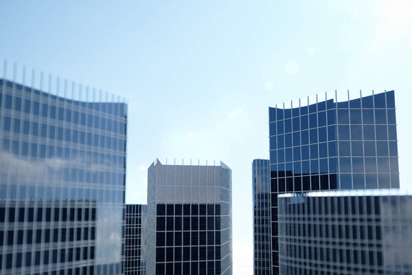 3D illustration Low angle view of skyscrapers. Skyscrapers at in day looking up perspective. Bottom view of skyscrapers in business district in daylight. Business concept of success.