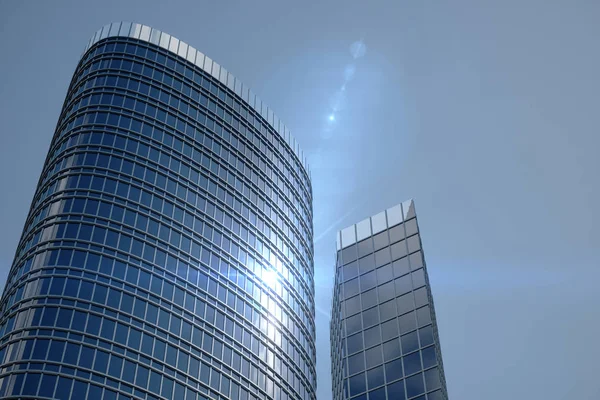 3D иллюстрация Low angle view of skyscrapers. Небоскрёбы в дневной перспективе. Нижний вид на небоскребы в деловом районе при дневном свете. Бизнес-концепция успеха — стоковое фото