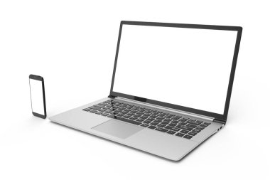 3D illüstrasyon masaüstü bilgisayar boş alay kadar. Parlak dizüstü bilgisayar kadar sahte. Modern bilgisayar kadar sahte. Mükemmel detaylı smartphone bilgisayar başında boş alay etmek yukarıya.