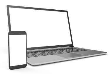 3D illüstrasyon masaüstü bilgisayar boş alay kadar. Parlak dizüstü bilgisayar kadar sahte. Modern bilgisayar kadar sahte. Mükemmel detaylı smartphone bilgisayar başında boş alay etmek yukarıya.