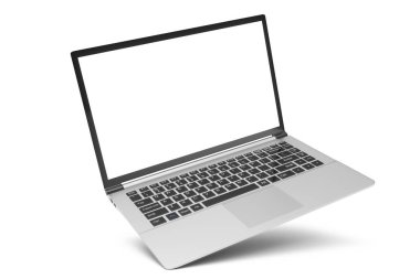 3D illüstrasyon Laptop beyaz arka plan üzerinde izole. Boş alan, açılı ekran laptop ile dizüstü bilgisayar.