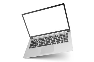 3D illüstrasyon Laptop beyaz arka plan üzerinde izole. Boş alan, açılı ekran laptop ile dizüstü bilgisayar.