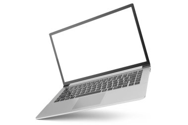 3D illüstrasyon Laptop beyaz arka plan üzerinde izole. Boş alan, açılı ekran laptop ile dizüstü bilgisayar.