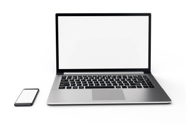 3D illüstrasyon masaüstü bilgisayar boş alay kadar. Parlak dizüstü bilgisayar kadar sahte. Modern bilgisayar kadar sahte. Mükemmel detaylı smartphone bilgisayar başında boş alay etmek yukarıya.