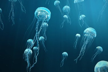 denizanası 3D resimde arka plan. Denizanası okyanus denizde yüzüyor, ışık birimi-ışınları etkisi oluşturma su geçer. Tehlikeli mavi denizanası