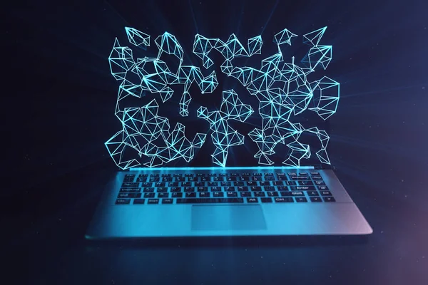 Ilustración 3D Laptop. Portátil portátil sobre fondo oscuro. Con un holograma de pantalla portátil, puntos de conexión con líneas, el concepto de transferencia de datos grandes — Foto de Stock