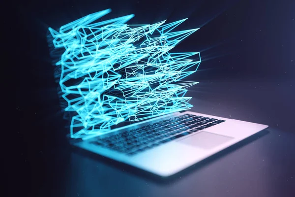 Ilustración 3D Laptop. Portátil portátil sobre fondo oscuro. Con un holograma de pantalla portátil, puntos de conexión con líneas, el concepto de transferencia de datos grandes — Foto de Stock