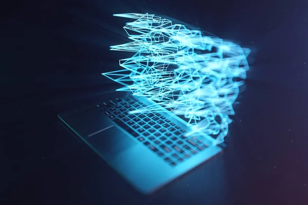 Ilustración 3D Laptop. Portátil portátil sobre fondo oscuro. Con un holograma de pantalla portátil, puntos de conexión con líneas, el concepto de transferencia de datos grandes — Foto de Stock