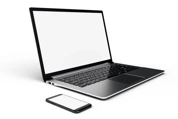 3D illustration desktop computer blank mock up. Glossy laptop computer mock up. Modern computer mock up. Perfectly detailed smartphone mock up near computer blank. — Stock Photo, Image