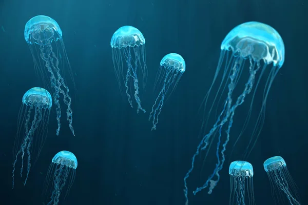 Fondo de ilustración 3D de medusas. Las medusas nadan en el mar oceánico, la luz pasa a través del agua, creando el efecto de los rayos de volumen. Medusas azules peligrosas —  Fotos de Stock