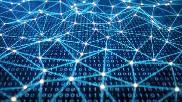 Fournit un accès de sécurité avec du code binaire. Concept de code binaire. Numéros numériques un et zéro sur fond bleu avec lumière volumétrique connexions abstraites de lignes avec des points formant des triangles 