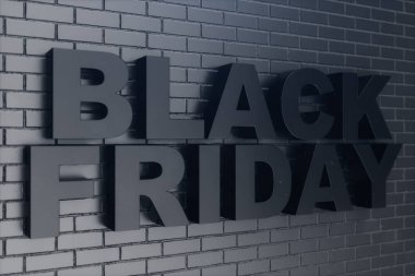 Black Friday, salonu, büyük indirim için satış mesaj. Tuğla duvar siyah Cuma afiş. Siyah Cuma satış için banner. Büyük indirimler, promosyonlar, kuponlar. 3D çizim