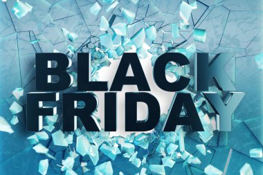 Siyah Cuma satış mesaj dükkanı için. İş Alışveriş Mağazası afiş için siyah Cuma. Black Friday Zemin kırma. 3d neon metin buz duvardan kırma. 3D çizim