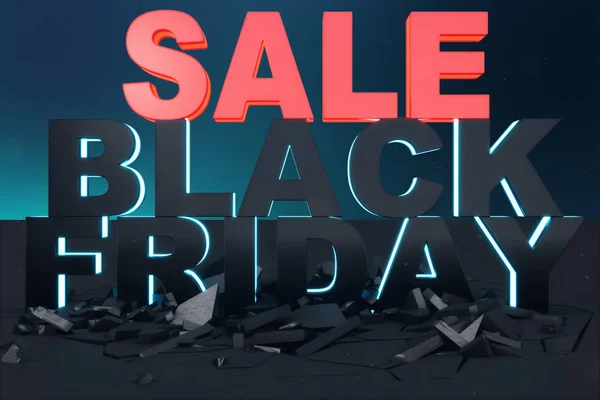 Black Friday, sale message for shop. Business shopping store banner for Black Friday. Black Friday crushing ground. 3D Neon text breaking through floor. 3D illustration