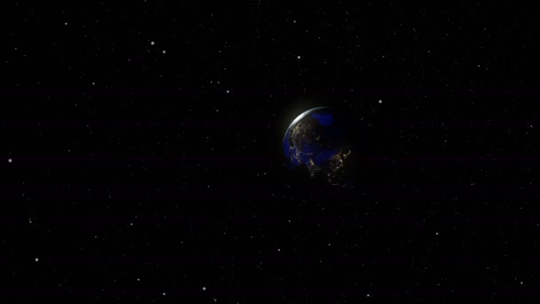 3D-Animation nähert sich der Erde. Weltkugel aus dem All. Sonnenaufgang aus dem All. Die Erde dreht sich um ihre Achse. Elemente dieses Bildes von der nasa — Stockvideo