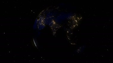 Dünya'dan 3D animasyon yavaş gündoğumu yörünge. Planet Earth gündoğumu. Gerçekçi 3d animasyon. Gece ve gündüz değişikliği. Dünya Dünya sonsuz boşluk tarafından çevrili. Nasa tarafından döşenmiş bu görüntü unsurları