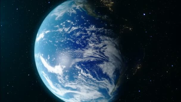 Acercándonos a la Tierra. Globo del Mundo desde el Espacio. La Tierra gira alrededor de su eje. Órbita terrestre. Animación 3D realista. Elementos de esta imagen proporcionados por la NASA — Vídeo de stock