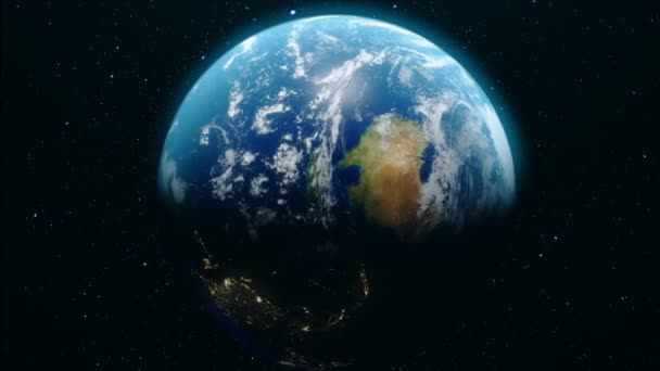 地球軌道から 3 d アニメーション。地球に近づいています。地球はその軸の周りに回転します。コンセプト私たちの家。宇宙から世界の地球。スペースからの美しい眺め。Nasa から提供されたこのイメージの要素 — ストック動画