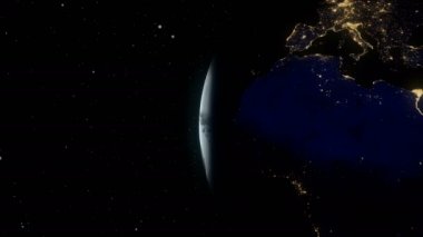 Dünya küre, Dünya'dan alan. Sunrise Dünya yörüngesine yavaş. Planet Earth gündoğumu. Gerçekçi 3d animasyon. Dünya Dünya sonsuz boşluk tarafından çevrili. Nasa tarafından döşenmiş bu görüntü unsurları