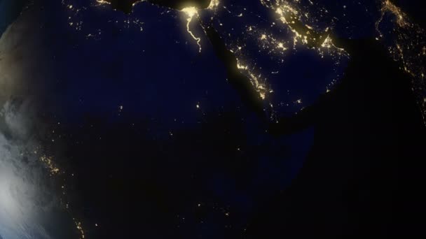 Αργό ζουμ έξω από τη γη. Αλλαγή νύχτα και μέρα. Από νύχτα σε μέρα. Ρεαλιστική 3d Animation. Παγκόσμια σφαίρα που περιβάλλεται από το άπειρο διάστημα στοιχεία αυτής της εικόνας επιπλωμένα από τη Nasa — Αρχείο Βίντεο