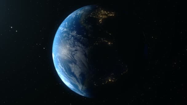 Die Erde dreht sich um ihre Achse. Weltkugel umgeben von unendlichem Raum. Weltkugel aus dem All. Looping-Animation, Wechsel von Tag und Nacht. Elemente dieses Bildes von der nasa