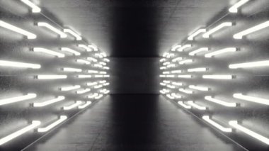 Abstrac neon ışıkları ile fütüristik karanlık koridor. Işık parlayan. Fütüristik mimarisi arka plan, 3d animasyon