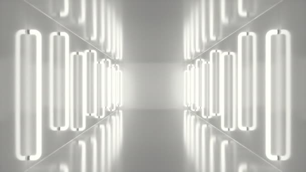 Абстрактный футуристический белый коридор с неоновыми огнями. Светящийся свет. Футуристический архитектурный фон. 3D анимация — стоковое видео