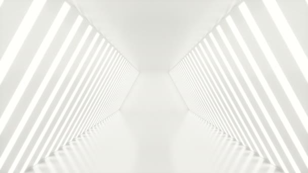 阿斯特拉克未来派白色走廊与霓虹灯。发光的光。未来派建筑背景。3d 动画 — 图库视频影像