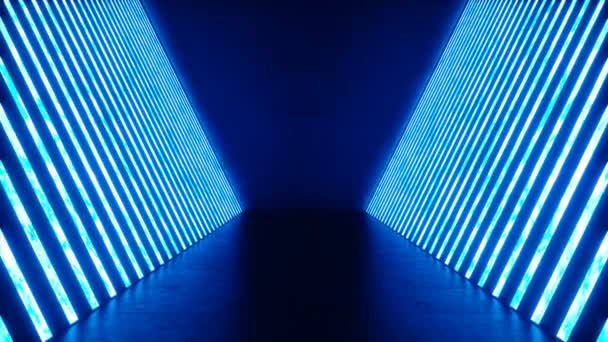 Абстрактный синий интерьер комнаты с синими неоновыми вставками. Футуристический архитектурный фон. Mock-up для вашего проекта, 3D анимация — стоковое видео