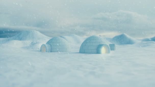 Igloo ayakta kış manzarası ve snowdrifts karşı. Güçlü Rüzgar ve kar fırtınası. 3D animasyon — Stok video