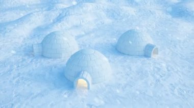 Igloo ayakta kış manzarası ve snowdrifts karşı. Güçlü Rüzgar ve kar fırtınası, 3d animasyon