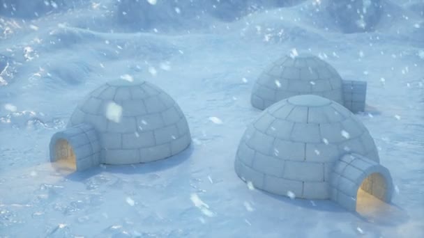 Igloo de pie contra el paisaje invernal y las corrientes de nieve. Fuerte viento y tormenta de nieve, animación 3d — Vídeos de Stock