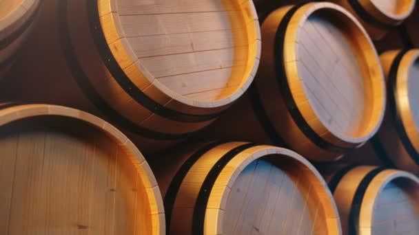 Wine or Whiskey in vaults. Barrel in the basement. Wine, beer, Whiskey barrels stacked at the warehouse. Looped animation. 3D animation — Stock Video