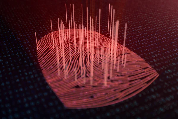 3D-s illusztráció ujjlenyomatos biztonsági hozzáférést a biometrikus azonosítás. Koncepció ujjlenyomat szaggató köhögés, a fenyegetés. Ujj nyomtatás bináris kóddal. A digitális biztonság fogalma. — Stock Fotó