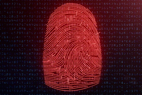 3d 插图指纹扫描提供了安全访问与生物识别识别。概念指纹黑客攻击, 威胁。带有二进制代码的指纹。数字安全的概念. — 图库照片