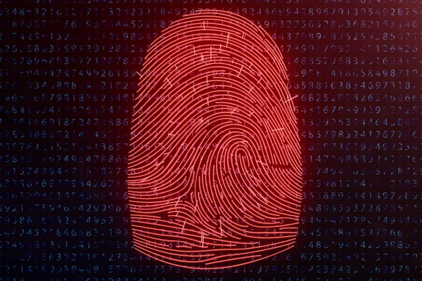 3D-s illusztráció ujjlenyomatos biztonsági hozzáférést a biometrikus azonosítás. Koncepció ujjlenyomat szaggató köhögés, a fenyegetés. Ujj nyomtatás bináris kóddal. A digitális biztonság fogalma. — Stock Fotó