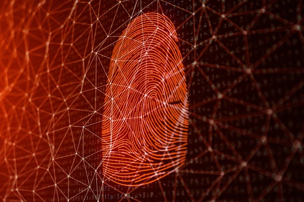 Ilustración 3D El escaneo de huellas dactilares proporciona acceso de seguridad con identificación biométrica. Concepto de hackeo de huellas digitales, amenaza. Impresión de dedo con código binario. Concepto de seguridad digital . — Foto de Stock