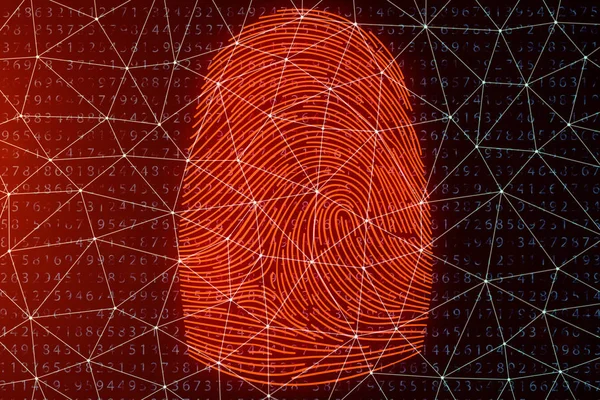 3D skenování otisků prstů obrázek poskytuje přístup k zabezpečení s biometrické identifikace. Koncept otisk hackování, hrozba. Finger tisk s binární kód. Koncept digitální bezpečnosti. — Stock fotografie