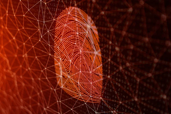 Ilustración 3D El escaneo de huellas dactilares proporciona acceso de seguridad con identificación biométrica. Concepto de hackeo de huellas digitales, amenaza. Impresión de dedo con código binario. Concepto de seguridad digital . — Foto de Stock