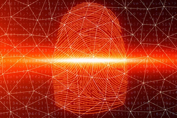 Illustrazione 3D La scansione delle impronte digitali fornisce accesso alla sicurezza con identificazione biometrica. Concetto di hacking delle impronte digitali, minaccia. Impronta digitale con codice binario. Concetto di sicurezza digitale . — Foto Stock