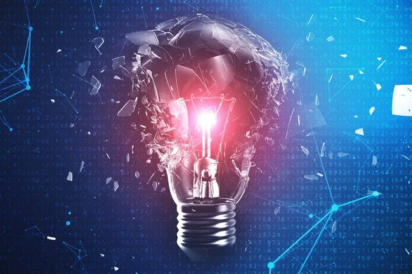 3D Illustration Exploding light bulb on a blue background, with concept creative thinking and innovative solutions. Red glow in the center concept virus. Binary code